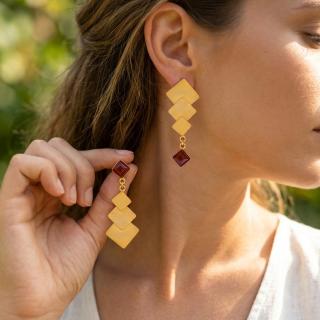 Gold plated brass textured asymmetric earrings with honey brown agate stones (E212XMG)