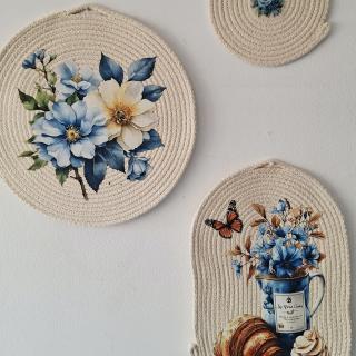 Blue blossom wall decor set handmade rope art 3 pieces