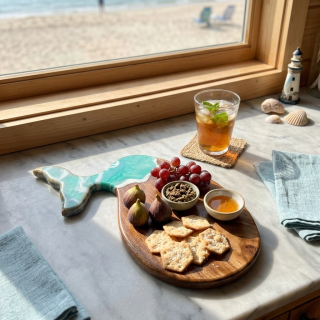 Whale shaped charcuterie board with turqoise resing waves