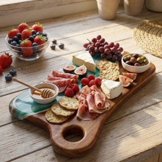 Charcuterie board with resin turqoise waves