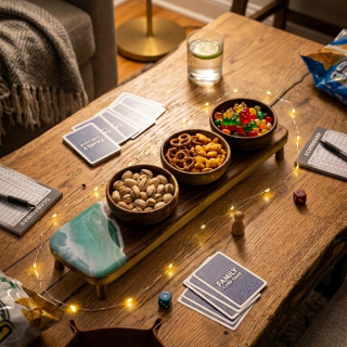 wooden board with 3 snack bowls and resin design