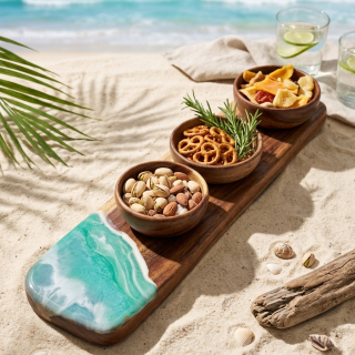 wooden board with 3 snack bowls and resin design