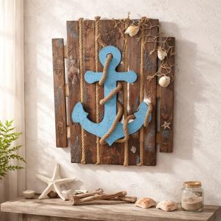 Handmade Coastal Anchor Wall Art with Rope & Seashells