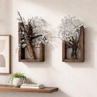 Handmade Rustic Root Wall Planter Set with Silver Leaves