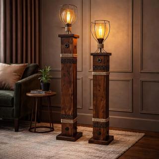 Handmade Wooden Floor Lamp Set