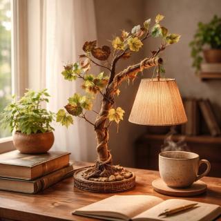 Handmade Rustic Branch Lamp with Decorative Leaves