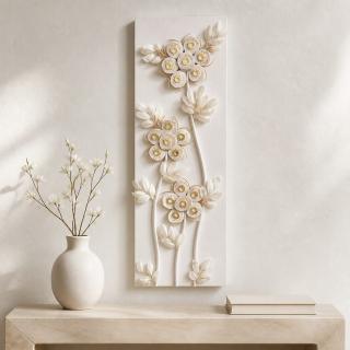 Tags: luxury wall art, white wall décor, floral panel, gold accent decoration, elegant home