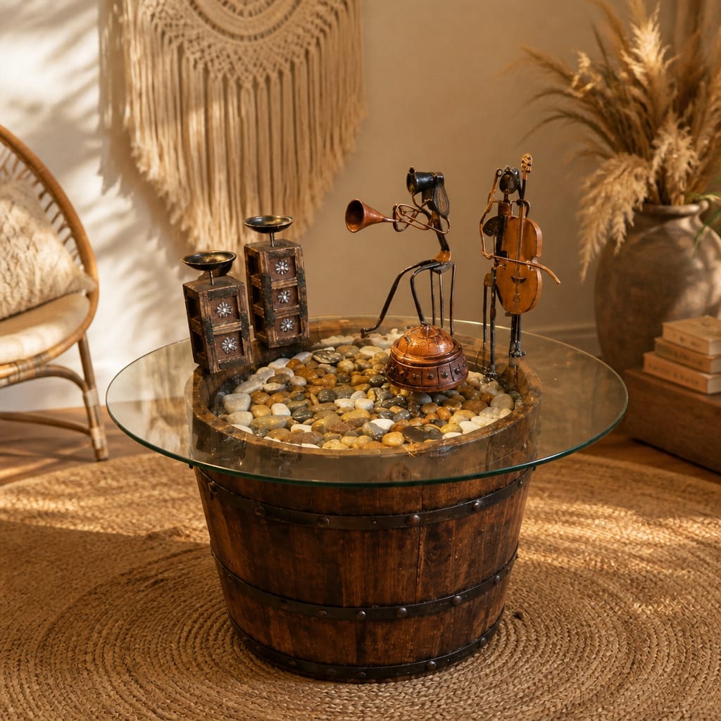 Rustic Barrel Coffee Table with Hidden Storage 1 Rustic Barrel Coffee Table with Hidden Storage