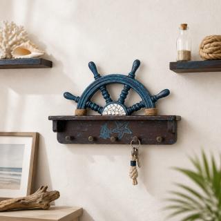 Coastal Ship Wheel Shelf & Key Holder