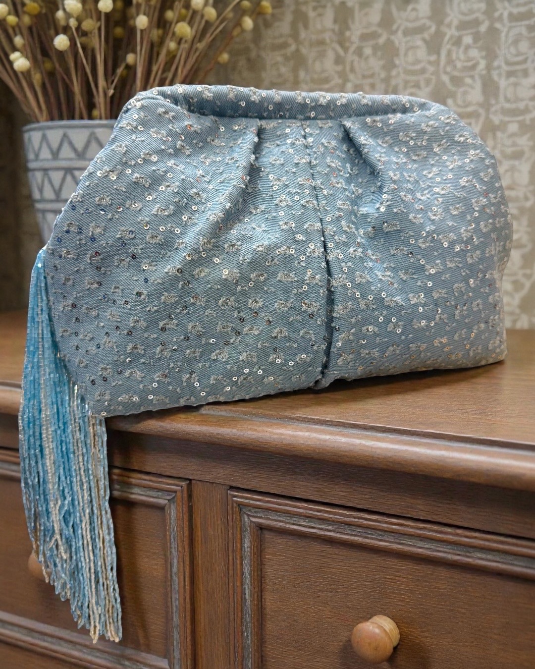 Light denim fringes large pouch 1 Light denim fringes large pouch