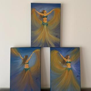 Semi-abstract figurative painting of a belly dancer in flowing yellow and blue garments, captured mid-movement with expressive brushstrokes and layered textures.
