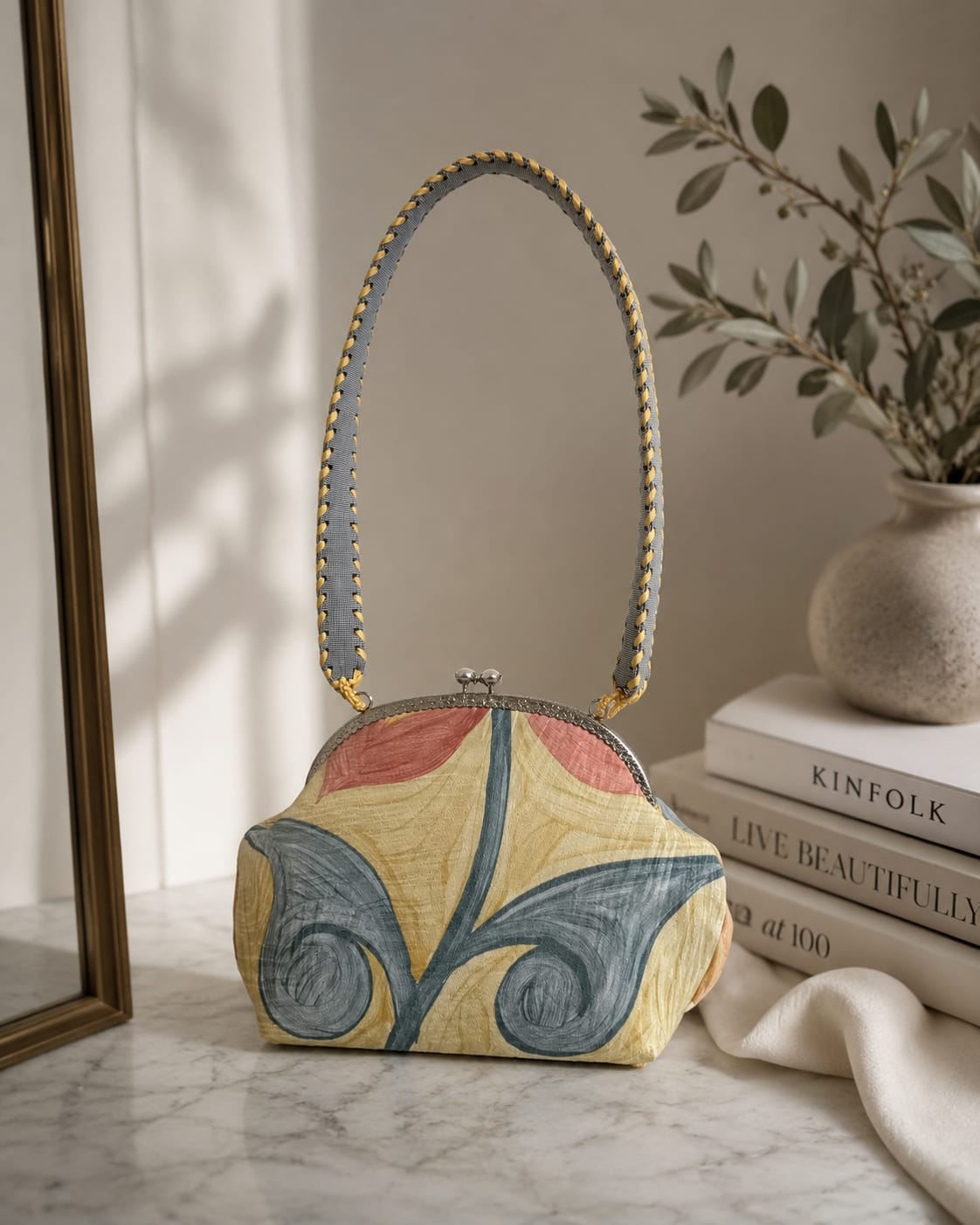 Printed Fabric Bag with Satin Hand Embellishment 1 Printed Fabric Bag with Satin Hand Embellishment