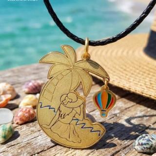 Gold plated brass necklace, a pendant of a beach view with a dangling hot air balloon in a leather choker (N187XMG)