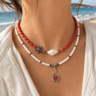 Coral, natural shell heishi beads with starfish & crab heart charms, necklaces, sold individually