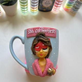 Handmade Coffee Lover Mug – Cute Sleepy Girl Design | “Shh… Coffee First”