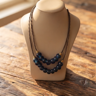 Genuine Leather Cord Necklace with blue recycled handmade glass Pendants — Minimal Handmade Jewelry