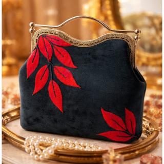 Luxury French Velvet with Satin Leaf Embroidered Design
