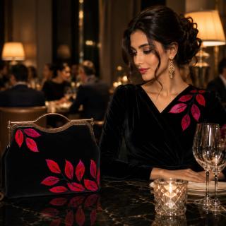 French Velvet Embroidered with Satin Leaves & Smoke-Tinted Metal Frame