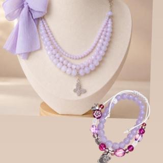 Ribbon purple glass beads necklace, bracelets set