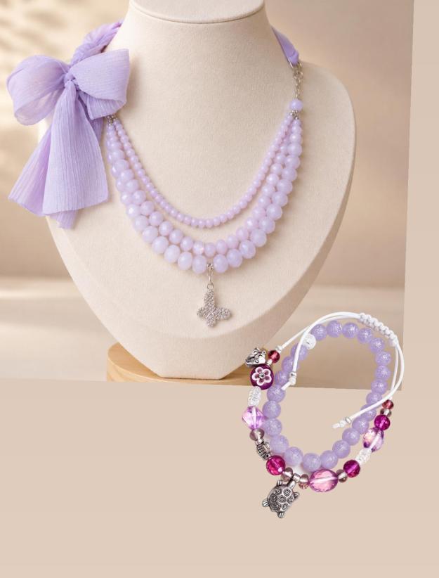 Ribbon purple glass beads necklace, bracelets set 1 Ribbon purple glass beads necklace, bracelets set