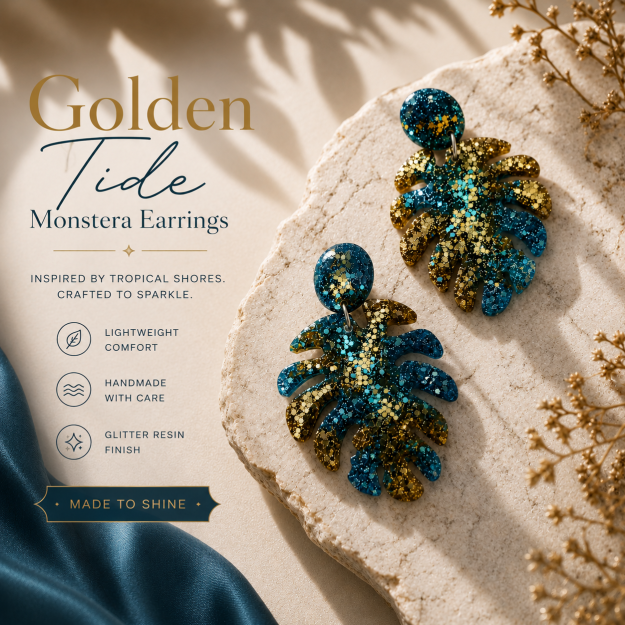 Golden Tide Monstera Resin Earrings 1 Golden Tide Monstera Resin Earrings