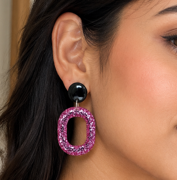 Glitter Oval Drop Earrings - pink 1 Glitter Oval Drop Earrings - pink