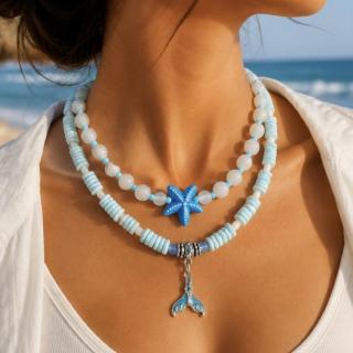 Blue natural shill heishi, frosted glass necklaces, with starfish, whale tail charms. Sold individually