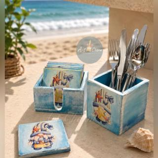 coastal beach house set of coasters + spoons organizer